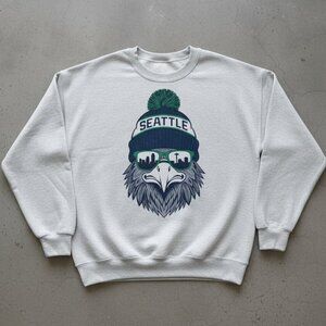 Seattle Cool Eagle Beanie Skyline Sunglasses NFL Fan Crewneck Sweatshirt Gray
